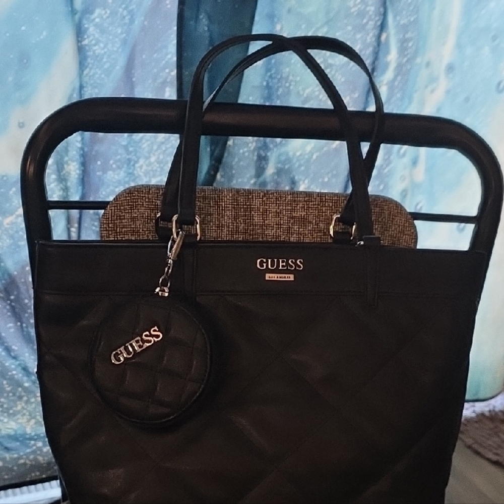 GUESS Black Quilted Tote with Coin Pouch